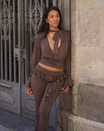 Elegant Deep V-Neck Lace Back Top and Pants Set