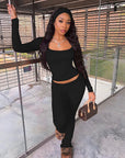 Autumn Casual Solid Color Square Neck Set