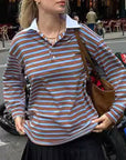 V-Neck Color Block Striped Long Sleeve T-Shirt