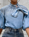 Lightweight Loose Women's Denim Shirt with Bow