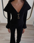 Chic Black V-Neck Two-Piece Set for Women
