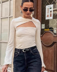 French Style Hollow Knit Long Sleeve T-Shirt for Women