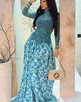 European Style Floral Print High Neck A-Line Dress
