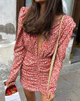 French Vintage Floral Deep V Long Sleeve Dress