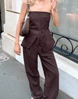 Chic Brown Strapless Top and Wide Leg Pants Set