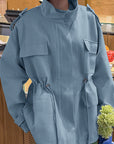 Cotton High Neck Drawstring Long Sleeve Jacket for Women