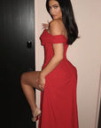 Elegant V-Neck Off-Shoulder Maxi Dress