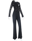 Lace Deep V Neck Long Sleeve Black Jumpsuit