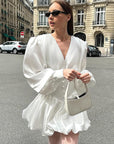 Elegant Vintage Autumn White V-Neck Lantern Sleeve Dress