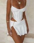 Lace Panel Waist Cinching Top and High Waist Skirt Set