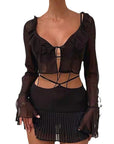 Chic Ruffled Long Sleeve Chiffon Top and Skirt Set