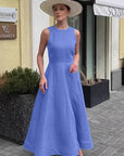 French Style Blue Round Neck Cotton Linen Dress