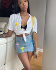 High Waist Denim Fringe Skirt with Embroidery