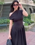 Elegant Spring Summer Dress with Asymmetric Neck