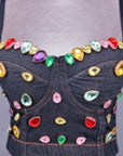 Youthful Denim Crop Top with Rhinestones