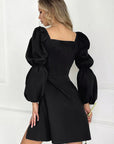 Elegant Black V-Neck Lantern Sleeve Dress