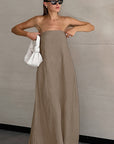 Summer Casual Khaki Cotton Linen Strapless Dress