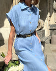 French Style High Waist Blue Cotton Linen Dress