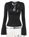 Sexy Lace Trim Deep V Neck Long Sleeve Top