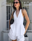 French Style White Halter Neck Two-Piece Set
