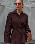 Brown Waist-Defined Pleated Shirt for Women