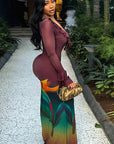 Chic V-Neck Color Block Bodycon Maxi Dress