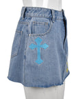 High Waist Denim Fringe Skirt with Embroidery