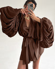 V-Neck Tie Waist Puff Sleeve Dress