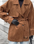 Brown Double-Breasted Suede Coat for Women