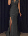 New V-Neck Long Dress with Gold Foil Design