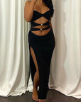 Hollow Out Metal Buckle Split Neck Halter Dress