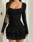 Mini Ruffled Neck Long Sleeve Dress for Women