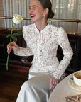 Spring French Vintage Slim Fit Puff Sleeve Lace Top
