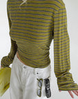 French Vintage Mustard Green Striped Knit T-Shirt