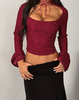 Lace Sheer Long Sleeve Top with Tie