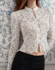 Spring French Vintage Slim Fit Puff Sleeve Lace Top
