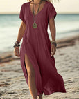Loose Solid Color V-Neck Short Sleeve Dress