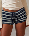 Trendy Striped Low Rise Drawstring Hot Pants