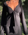 Knot Front Long Sleeve V-Neck Top