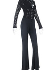 Lace Deep V Neck Long Sleeve Black Jumpsuit