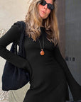 Elegant French Knit Backless Dress with Bell Sleeves