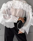 French Style Summer Sheer Collar Blouse with Ruffles