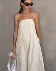 Summer Casual Khaki Cotton Linen Strapless Dress