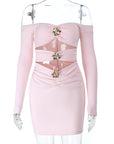 Elegant Off-Shoulder Ruched Dress with Floral Buttons