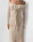 Elegant Off-Shoulder Split Dress with Ruffle Hem