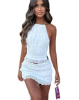 Sexy Hollow Ruffled Crop Top and Mini Skirt Set