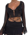 Chic Ruffled Long Sleeve Chiffon Top and Skirt Set