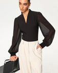 V-Neck Sheer Long Sleeve Blouse for Women