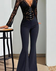 Lace Deep V Neck Long Sleeve Black Jumpsuit