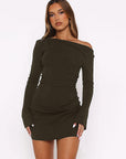 Off Shoulder Long Sleeve Drawstring Mini Dress
